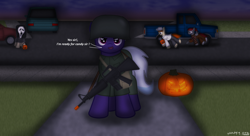 Size: 1980x1080 | Tagged: safe, artist:99999999000, imported from derpibooru, oc, oc only, oc:firearm king, car, clothes, colt, foal, gun, halloween, holiday, jack-o-lantern, male, pumpkin, rifle, soldier, toy, toy gun, trick or treat, weapon