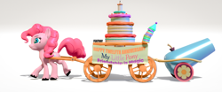 Size: 3840x1600 | Tagged: safe, artist:featray, imported from derpibooru, pinkie pie, earth pony, pony, 3d, blender, cake, food, mlp fim's twelfth anniversary, party cannon, solo, unshorn fetlocks