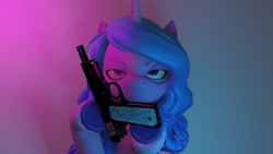 Size: 1920x1080 | Tagged: safe, artist:pissmaster3000, imported from derpibooru, izzy moonbow, pony, unicorn, 3d, angry, blender, g5, gun, handgun, outrun, pistol, solo, weapon