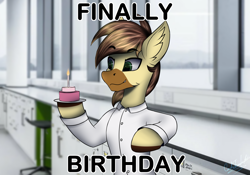 Size: 4764x3336 | Tagged: safe, artist:cmdrtempest, imported from derpibooru, oc, oc:calpain, birthday, cake, clothes, ear fluff, food, lab coat, male, meme, simple background, solo