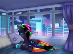 Size: 2000x1500 | Tagged: safe, artist:chvrchgrim, imported from derpibooru, oc, oc only, oc:krypt, cyborg, pegasus, pony, bedroom, city, cityscape, cyber, cyberpunk, futuristic, looking out the window, pegasus oc, rear view, solo, window