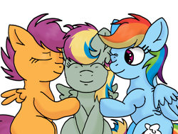 Size: 2652x2003 | Tagged: safe, artist:taeko, imported from derpibooru, rainbow dash, scootaloo, oc, oc:special flight, pegasus, pony, 2022, eyes closed, family, female, filly, foal, lesbian, lesbian couple, looking at someone, magical lesbian spawn, mare, mother and child, mother and daughter, next generation, no source, offspring, one eye closed, outline, parent:rainbow dash, parent:scootaloo, parents:scootadash, pegasus oc, scootadash, shading practice, shipping, simple background, sitting, small wings, smiling, spread wings, transparent background, trio, trio female, wings