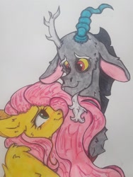 Size: 1134x1512 | Tagged: safe, artist:starkey, imported from derpibooru, discord, fluttershy, draconequus, pegasus, pony, antlers, duo, duo male and female, ear fluff, female, horns, looking at each other, looking at someone, male, mare, smiling, traditional art, wings