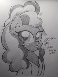 Size: 1944x2576 | Tagged: safe, artist:iceflower99, imported from derpibooru, minty mocha, bust, chest fluff, clothes, ear fluff, inktober, inktober 2022, monochrome, one ear down, traditional art