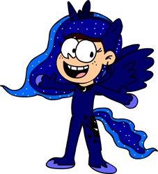 Size: 1280x1411 | Tagged: safe, artist:blackrhinoranger, imported from derpibooru, princess luna, human, clothes, cosplay, costume, crossover, female, luna loud, namesake, pun, simple background, solo, the loud house, transparent background, visual pun