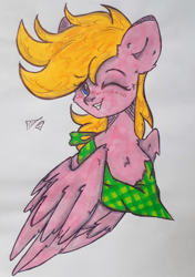 Size: 960x1363 | Tagged: safe, artist:starkey, imported from derpibooru, oc, pegasus, pony, bust, chest fluff, ear fluff, folded wings, looking at you, one eye closed, pegasus oc, pony oc, smiling, smiling at you, solo, traditional art, wings, wink, winking at you