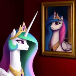 Size: 1024x1024 | Tagged: safe, editor:dovakkins, imported from derpibooru, princess celestia, alicorn, pony, ai content, ai generated, beautiful, bust, crown, female, frame, g4, generator:purplesmart.ai, generator:stable diffusion, jewelry, long neck, mare, picture, portrait, regalia, smiling, solo