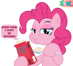 Size: 1899x1723 | Tagged: safe, artist:kuren247, imported from derpibooru, pinkie pie, earth pony, pony, cake mix, chewing, eating, female, interpretation, lidded eyes, looking at you, show accurate, simple background, solo, speech bubble, spoon, this will end in diabetes, transparent background, vector, watermark