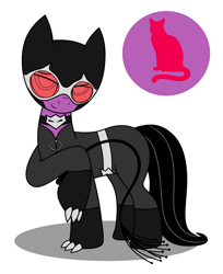 Size: 2160x2650 | Tagged: safe, artist:metal-jacket444, imported from derpibooru, earth pony, pony, batman, cat o' ninetails, catwoman, claws, clothes, collar, cutie mark, dc comics, goggles, mask, ponified, selina kyle, simple background, solo, whip, white background