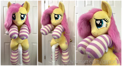 Size: 2798x1530 | Tagged: safe, artist:qtpony, imported from derpibooru, fluttershy, pony, clothes, cute, irl, photo, plushie, shyabetes, socks, solo, striped socks