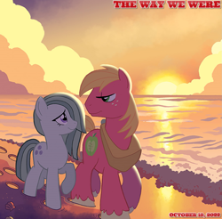 Size: 1679x1655 | Tagged: safe, artist:tonyfleecs, edit, idw, imported from derpibooru, big macintosh, marble pie, 2022, barbra streisand, beach, bittersweet, cropped, female, friends, friendship, heartwarming, implied sugarmac, just friends, looking at each other, looking at someone, male, mare, movie reference, not shipping, ocean, october, platonic, ship sinking, smiling, smiling at each other, song reference, stallion, sun, sunset, the way we were, water, youtube link in the description