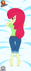 Size: 2385x5470 | Tagged: safe, artist:theminus, imported from derpibooru, apple bloom, human, equestria girls, ass, barefoot, bedroom eyes, bloom butt, blushing, butt, feet, looking at you, looking back, looking back at you, solo