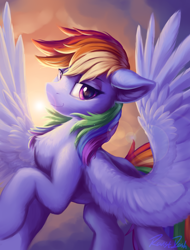 Size: 1556x2048 | Tagged: safe, artist:ravistdash, imported from derpibooru, rainbow dash, pegasus, pony, dawn, eyebrows, female, flying, g4, hooves, looking at you, mare, mlp fim's twelfth anniversary, signature, smiling, smiling at you, solo, spread wings, wallpaper, wings