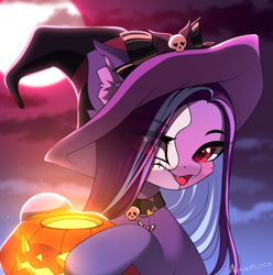 Size: 2146x2165 | Tagged: safe, artist:airiniblock, imported from derpibooru, oc, oc only, oc:blueberry muffin, earth pony, pony, bust, choker, commission, cute, cute little fangs, eye clipping through hair, face paint, fangs, female, halloween, hat, holiday, jack-o-lantern, mare, pumpkin, rcf community, solo, witch hat, ych result