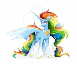 Size: 4096x3413 | Tagged: safe, artist:buvanybu, imported from derpibooru, rainbow dash, alicorn, pony, alicornified, cutie mark background, female, jewelry, mare, race swap, rainbowcorn, regalia, simple background, solo, white background