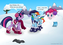 Size: 1280x906 | Tagged: safe, artist:lavenderrain24, imported from derpibooru, pinkie pie, rainbow dash, twilight sparkle, earth pony, pegasus, pony, unicorn, boots, clothes, earmuffs, grin, hat, saddle, scarf, shoes, smiling, snow, snow boots, tack, trio, unicorn twilight, vest, winter hat, winter outfit