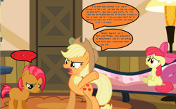 Size: 1281x793 | Tagged: safe, artist:estories, artist:swiftgaiathebrony, imported from derpibooru, apple bloom, applejack, babs seed, earth pony, pony, one bad apple, alternate ending, angry, punishment, sweet apple acres