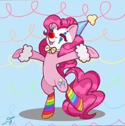 Size: 687x695 | Tagged: safe, artist:scaredkoi, imported from derpibooru, pinkie pie, earth pony, pony, bipedal, clothes, clown, female, rainbow socks, socks, solo, striped socks