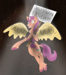 Size: 1048x1200 | Tagged: safe, artist:cosmicdragonkay, imported from derpibooru, sunny starscout, earth pony, pony, fake horn, fake wings, female, g5, my little pony: a new generation, scene interpretation, sign, solo