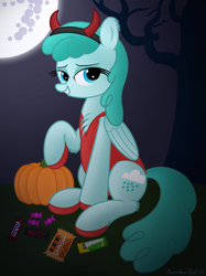 Size: 3016x4032 | Tagged: safe, artist:rainbowšpekgs, imported from derpibooru, spring melody, sprinkle medley, pegasus, pony, candy, chest fluff, chubby, clothes, costume, devil costume, female, food, halloween, halloween costume, holiday, horns, mare, mlp fim's twelfth anniversary, moon, night, nightmare night, pumpkin, shoes, tree