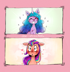 Size: 2000x2052 | Tagged: safe, artist:themagicbrew, imported from derpibooru, izzy moonbow, sunny starscout, earth pony, pony, unicorn, blushing, duo, female, g5, grin, heart, izzyscout, lesbian, shipping, smiling