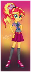 Size: 1488x3424 | Tagged: safe, artist:machakar52, imported from derpibooru, sunset shimmer, human, equestria girls, alternate hairstyle, belt, bracelet, clothes, female, hand on hip, high heels, jewelry, looking at you, necktie, ponytail, school uniform, shoes, skirt, socks, solo, winx club