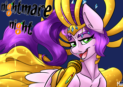 Size: 4961x3508 | Tagged: safe, artist:mekblue, imported from derpibooru, pipp petals, pegasus, pony, spoiler:g5, spoiler:my little pony: tell your tale, spoiler:tyts01e30, absurd resolution, clothes, costume, female, g5, halloween, halloween costume, headdress, holiday, looking at camera, mare, microphone, mlp fim's twelfth anniversary, my little pony: tell your tale, nightmare night party, scene interpretation, singing