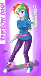 Size: 1876x3508 | Tagged: safe, artist:faisalxmad, imported from derpibooru, rainbow dash, human, equestria girls, clothes, female, pants, shoes, solo, victory sign