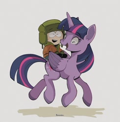 Size: 1186x1209 | Tagged: safe, artist:pononoin, imported from derpibooru, twilight sparkle, alicorn, human, pony, child, crossover, cute, eyelashes, eyes closed, female, freckles, hat, horn, humans riding ponies, kyle broflovski, male, mare, open mouth, riding, riding a pony, simple background, smiling, south park, tail, teeth, twilight sparkle (alicorn), unshorn fetlocks, wings