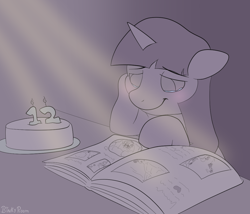 Size: 1064x909 | Tagged: safe, artist:binkyroom, imported from derpibooru, twilight sparkle, alicorn, pony, album, cake, candle, food, minimalist, mlp fim's twelfth anniversary, photos, pictures, simple background, smiling, solo, teary eyes