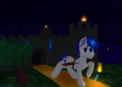 Size: 3508x2480 | Tagged: safe, artist:samenandsam, imported from derpibooru, oc, oc:sound shiver, pony, unicorn, boat, castle, digital art, grass, high res, horn, magic, male, night, smiling, solo, sword, telekinesis, torch, tree, weapon