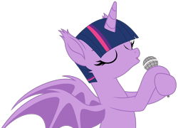 Size: 4755x3424 | Tagged: safe, artist:starshade, artist:twilyisbestpone, imported from derpibooru, twilight sparkle, bat pony, base used, bat ears, bat ponified, bat wings, cute, eyes closed, female, hoof hold, microphone, race swap, simple background, singing, solo, transparent background, twiabetes, twibat, wings