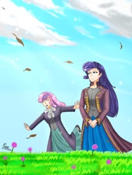 Size: 768x1024 | Tagged: safe, artist:lencai123, imported from derpibooru, rarity, sweetie belle, human, clothes, duo, female, grass, humanized, smiling