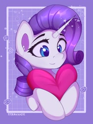 Size: 3000x4000 | Tagged: safe, artist:stravy_vox, imported from derpibooru, rarity, pony, unicorn, abstract background, commission, ear fluff, female, happy, heart, heart pillow, high res, mare, pillow, smiling, solo