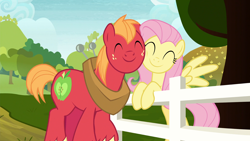 Size: 1920x1080 | Tagged: safe, edit, edited screencap, imported from derpibooru, screencap, big macintosh, fluttershy, earth pony, pegasus, pony, marks for effort, big macintosh's yoke, bipedal, character swap, cute, eyes closed, female, fence, fluttermac, freckles, horse collar, macabetes, male, mare, nuzzling, road, shipping, shyabetes, smiling, spread wings, stallion, straight, sweet apple acres, tree, wings