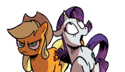 Size: 260x150 | Tagged: safe, editor:fuckomcfuck, idw, imported from derpibooru, applejack, rarity, earth pony, pony, unicorn, angry, comic, cropped, freckles, grossed out, hat, simple background, transparent background