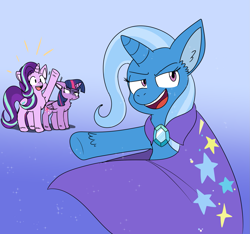 Size: 1965x1838 | Tagged: safe, artist:sp19047, imported from derpibooru, starlight glimmer, trixie, twilight sparkle, alicorn, pony, unicorn, brooch, cape, chest fluff, clothes, colored pinnae, female, gradient background, happy, jewelry, mare, pg, smug, sparkles, standing, trio, trixie's brooch, trixie's cape, twilight sparkle (alicorn), twilight sparkle is not amused, unamused, unshorn fetlocks, waving