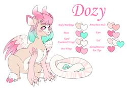 Size: 2689x1856 | Tagged: safe, artist:dozyarts, imported from derpibooru, oc, oc:dozy, draconequus, blushing, female, heart, horn, name, reference sheet, simple background, solo, white background