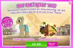 Size: 1953x1296 | Tagged: safe, imported from derpibooru, earth pony, pony, advertisement, beard, brown coat, brown mane, bucket, bush, clothes, egyptian, egyptian pony, english, facial hair, gameloft, headband, male, nekhet, numbers, official, palm tree, pyramid, sale, solo, solo focus, somnambula resident, stallion, tail, text, tree, vase, yellow mane, yellow tail