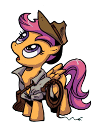Size: 210x280 | Tagged: safe, editor:fuckomcfuck, idw, imported from derpibooru, scootaloo, pegasus, pony, bag, clothes, comic, cropped, female, filly, foal, hat, looking up, messenger bag, open mouth, rope, shirt, simple background, solo, spread wings, transparent background, whip, wings
