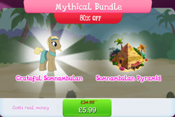 Size: 1267x853 | Tagged: safe, imported from derpibooru, earth pony, pony, beard, brown coat, brown mane, bucket, bundle, bush, clothes, egyptian, egyptian pony, english, facial hair, gameloft, headband, male, nekhet, numbers, official, palm tree, pyramid, sale, solo, solo focus, somnambula resident, stallion, tail, text, tree, vase, yellow mane, yellow tail