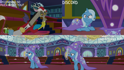 Size: 4400x2475 | Tagged: safe, edit, edited screencap, editor:quoterific, imported from derpibooru, screencap, discord, trixie, bear, draconequus, pony, unicorn, ursa, ursa major, a matter of principals, 30 rock, angry, banana, bananaphone, baseball cap, cap, cape, clothes, faic, food, frown, hat, magic, open mouth, smiling, smug, snaggletooth, steve buscemi, telekinesis, trixie is not amused, trixie's brooch, trixie's cape, trixie's hat, unamused, what exactly is a long-distance plan