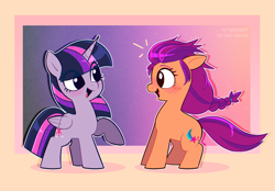 Size: 2151x1500 | Tagged: safe, artist:syrupyyy, imported from derpibooru, sunny starscout, twilight sparkle, alicorn, earth pony, pony, blushing, cute, daaaaaaaaaaaw, duo, duo female, eye clipping through hair, female, g5, mare, ponytober, raised hoof, smol, sunny and her heroine, sunnybetes, twiabetes, twilight sparkle (alicorn)