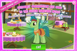 Size: 1961x1296 | Tagged: safe, imported from derpibooru, husani, earth pony, pony, clothes, egyptian, egyptian pony, english, food, gameloft, green coat, green fur, green mane, green tail, headband, male, official, pie, solo, solo focus, somnambula resident, stallion, tail, text