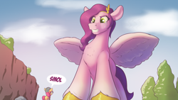 Size: 3840x2160 | Tagged: safe, artist:cocaine, imported from derpibooru, pipp petals, sunny starscout, earth pony, pegasus, pony, crying, female, g5, giant pony, giantess, gritted teeth, high res, macro, mare, pipp is short, pipp is tall, smol, teeth