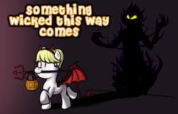 Size: 1966x1266 | Tagged: safe, artist:trash anon, imported from ponybooru, oc, oc only, oc:philia, demon, earth pony, pony, blonde, blonde mane, bucket, clothes, costume, devil horns, devil tail, earth pony oc, female, filly, foal, halloween, halloween costume, holiday, nightmare night, nightmare night costume, pigtails, pitchfork, plushie, pumpkin, pumpkin bucket, shadow, simple background, smiling, solo, text