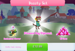 Size: 1270x858 | Tagged: safe, idw, imported from derpibooru, diamond dog, bow, brown fur, bundle, bush, choker, collar, costs real money, dog collar, english, female, female diamond dog, flower, gameloft, gem, hair bow, idw showified, my little pony: magic princess, numbers, official, sale, solo, solo focus, text, unnamed character, unnamed diamond dog, white fur, wishing flower, yellow eyes