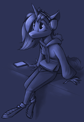 Size: 1727x2511 | Tagged: safe, artist:sinrar, imported from derpibooru, dj pon-3, vinyl scratch, anthro, unguligrade anthro, unicorn, cellphone, clothes, female, headphones, hoodie, monochrome, pants, phone, piercing, shoes, sitting, smartphone, solo