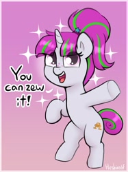 Size: 1688x2252 | Tagged: safe, artist:heretichesh, imported from derpibooru, oc, oc only, oc:zippi, pony, unicorn, bipedal, dialogue, eye clipping through hair, female, filly, foal, freckles, gradient background, open mouth, open smile, signature, smiling, solo, sparkles, standing, standing on one leg, talking to viewer, underhoof