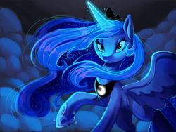 Size: 3000x2250 | Tagged: safe, alternate version, artist:shira-hedgie, imported from derpibooru, princess luna, alicorn, pony, 2015, cloud, cloudy, female, flowing mane, glowing, glowing horn, high res, horn, magic, mare, night, old art, raised hoof, solo